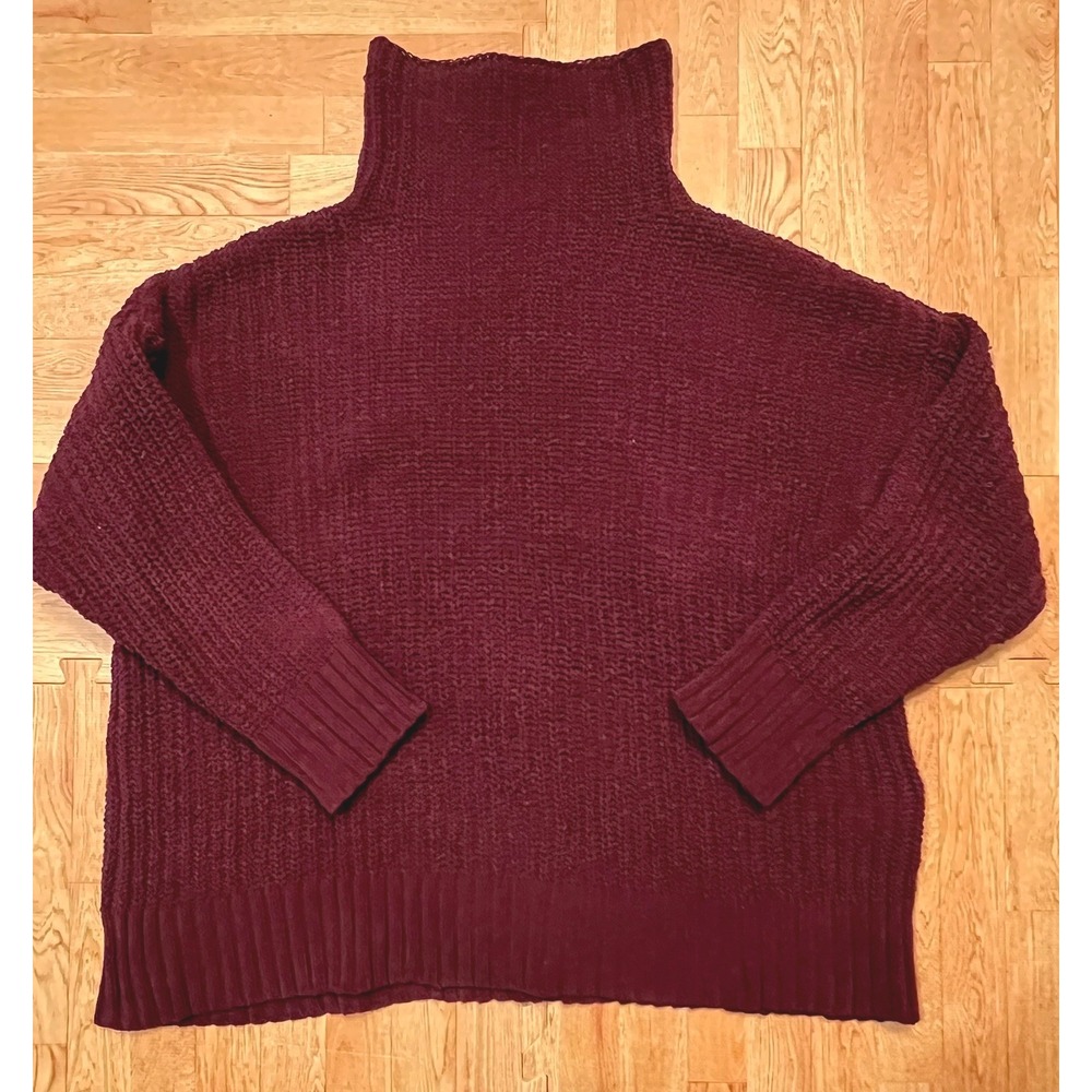 Aerie Womens Chenille Turtleneck Sweater Burgundy Oversized Knit Pullover Medium
